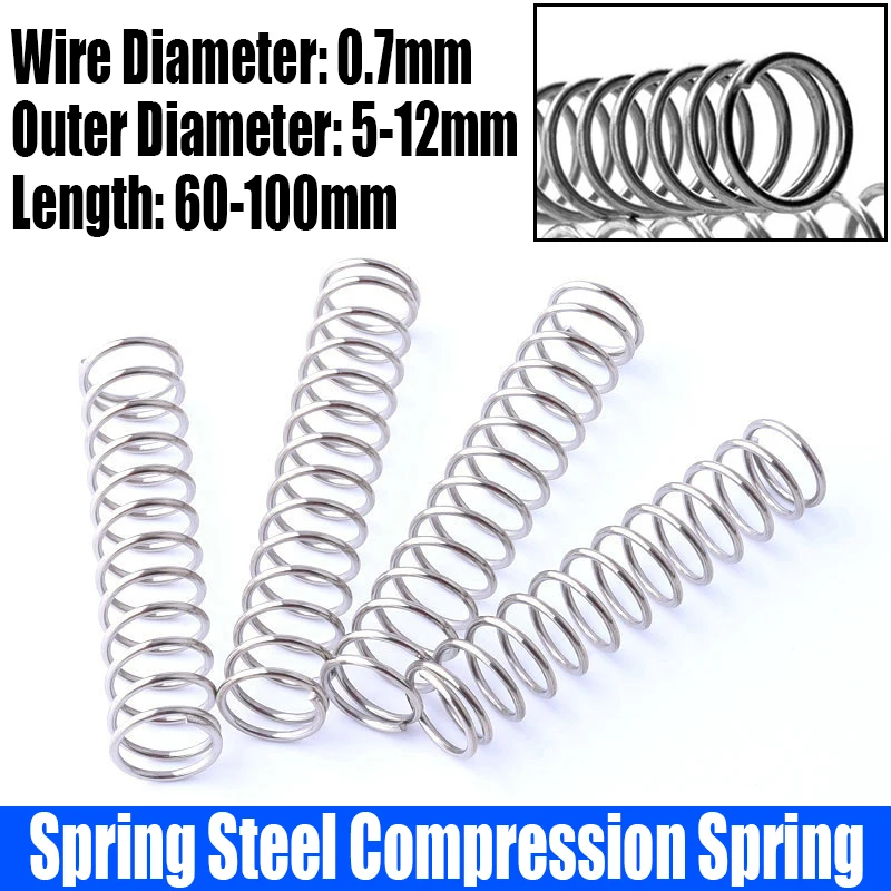 

5PCS 0.7mm Wire Diameter Compression Spring Galvanized Spring Steel Return Spring 5-12mm Outside Diameter L=60-100mm