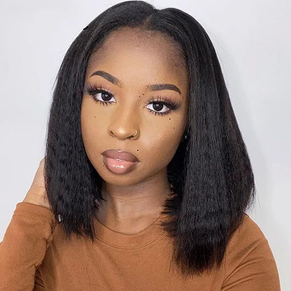 Brazilian V Part Bob Wig Human Hair No Leave Out Kinky Straight Wig Women V Part No Glue Natural Color Human Hair human hair wig lace front wig human hair wigs front lace wig