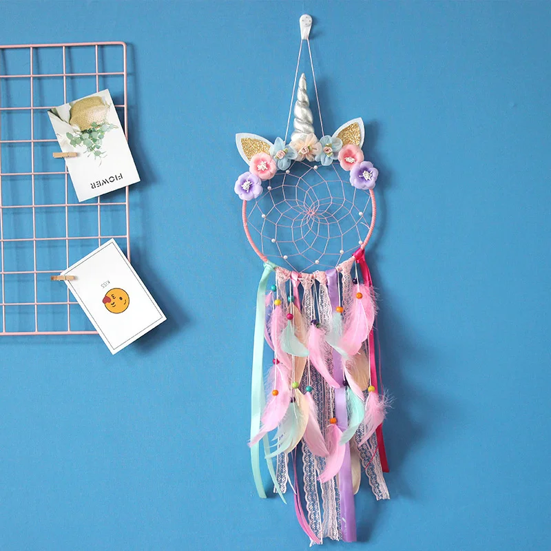 Pink LED Light Unicorn Dream Catcher Ornament For Girls Boho Room Decor Bedroom Unicorn Macrame Dreamcatcher Hanging Pendant 3