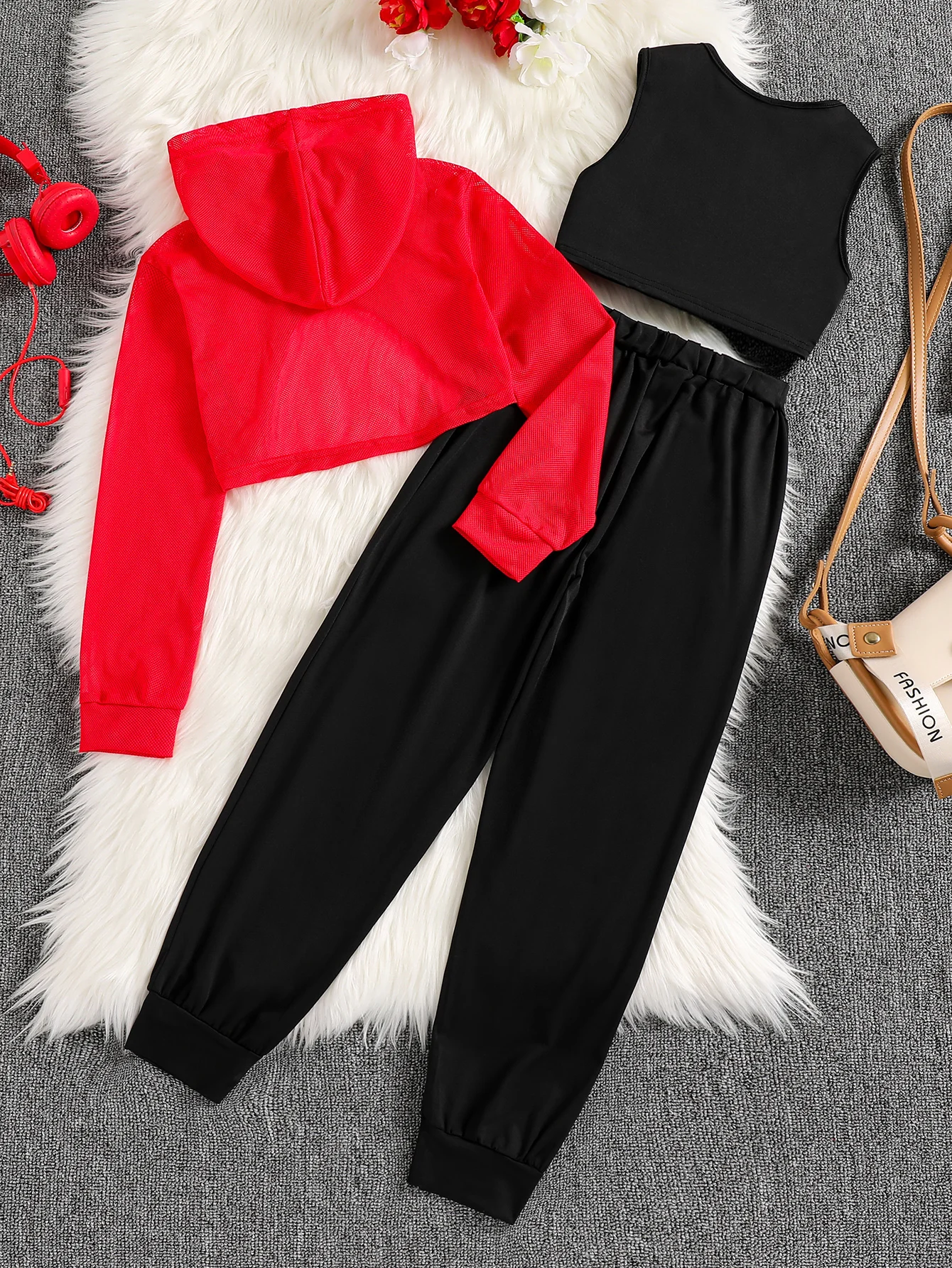 3 Piece Set Girls Spring Autumn Hooded Mesh Shorts Sweater Tank Top Long Pants Casual