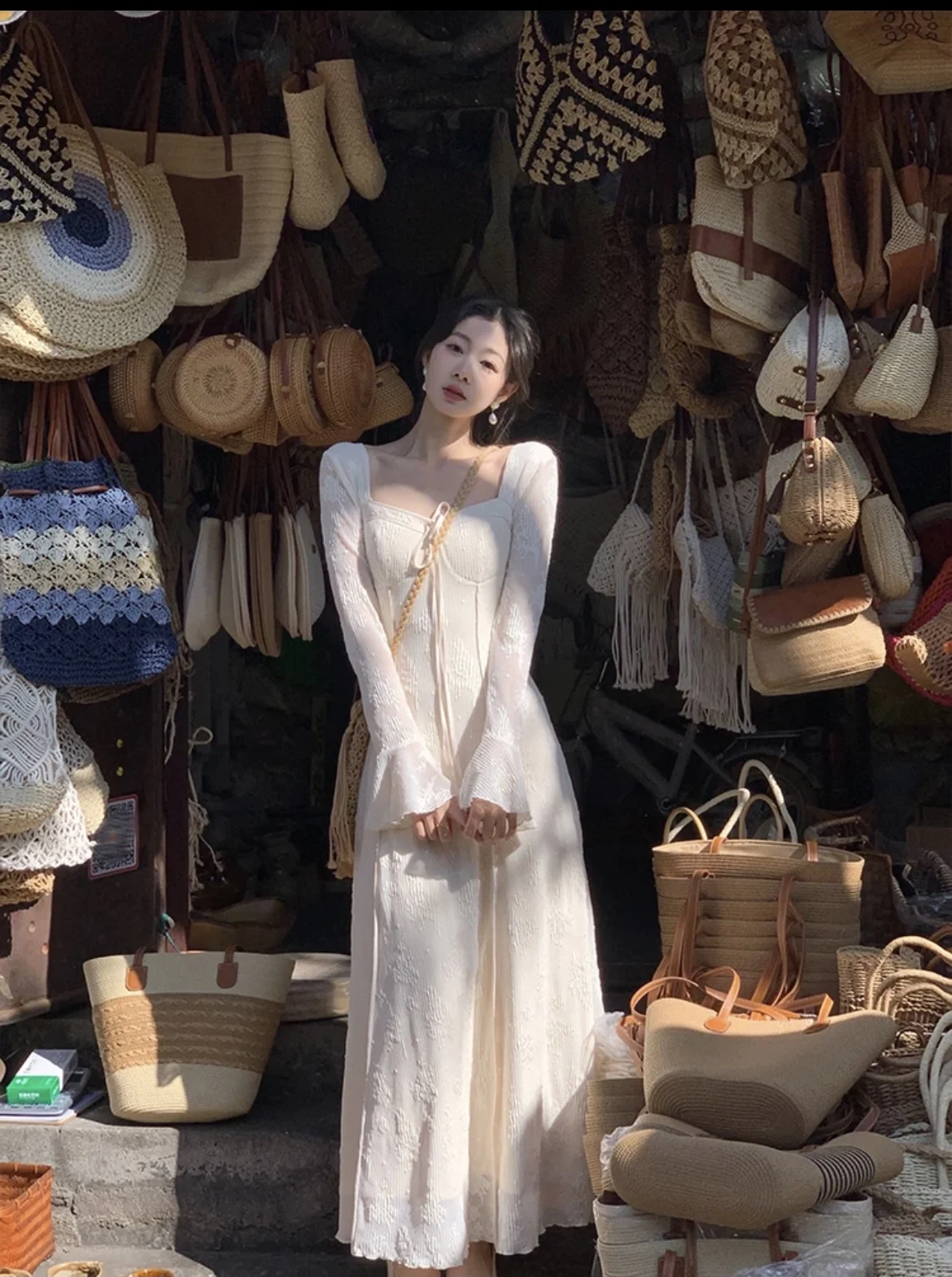 Women's Solid Midi Dress Flare Sleeves Square Collar A-Line Lace Up Autumn Spring French Elegant Vintage Prom Robe Vestidos New