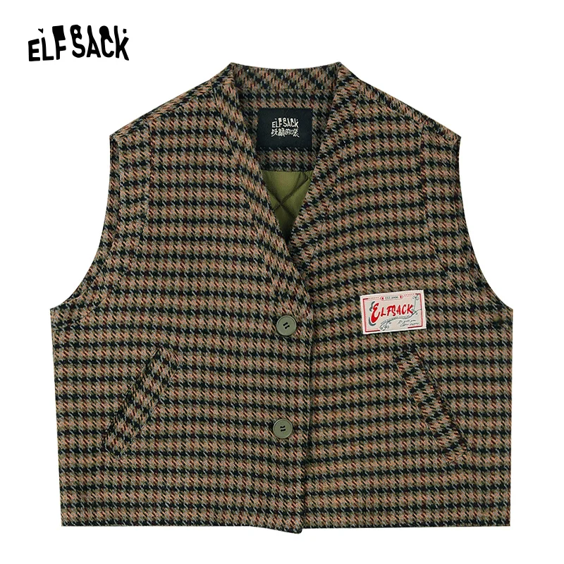 ELFSACK Korean Fashion Houndstooth Sleeveless Vest Women 2023 Winter New Designer Outwears
