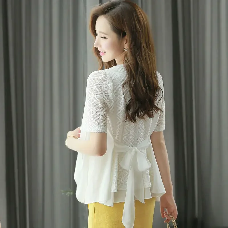 2024 Summer New Women Hollow Lace Cardigan Jacket Wild Chiffon Short Sleeve V-neck Lace-up Sun Protection Shawl Coat Y273