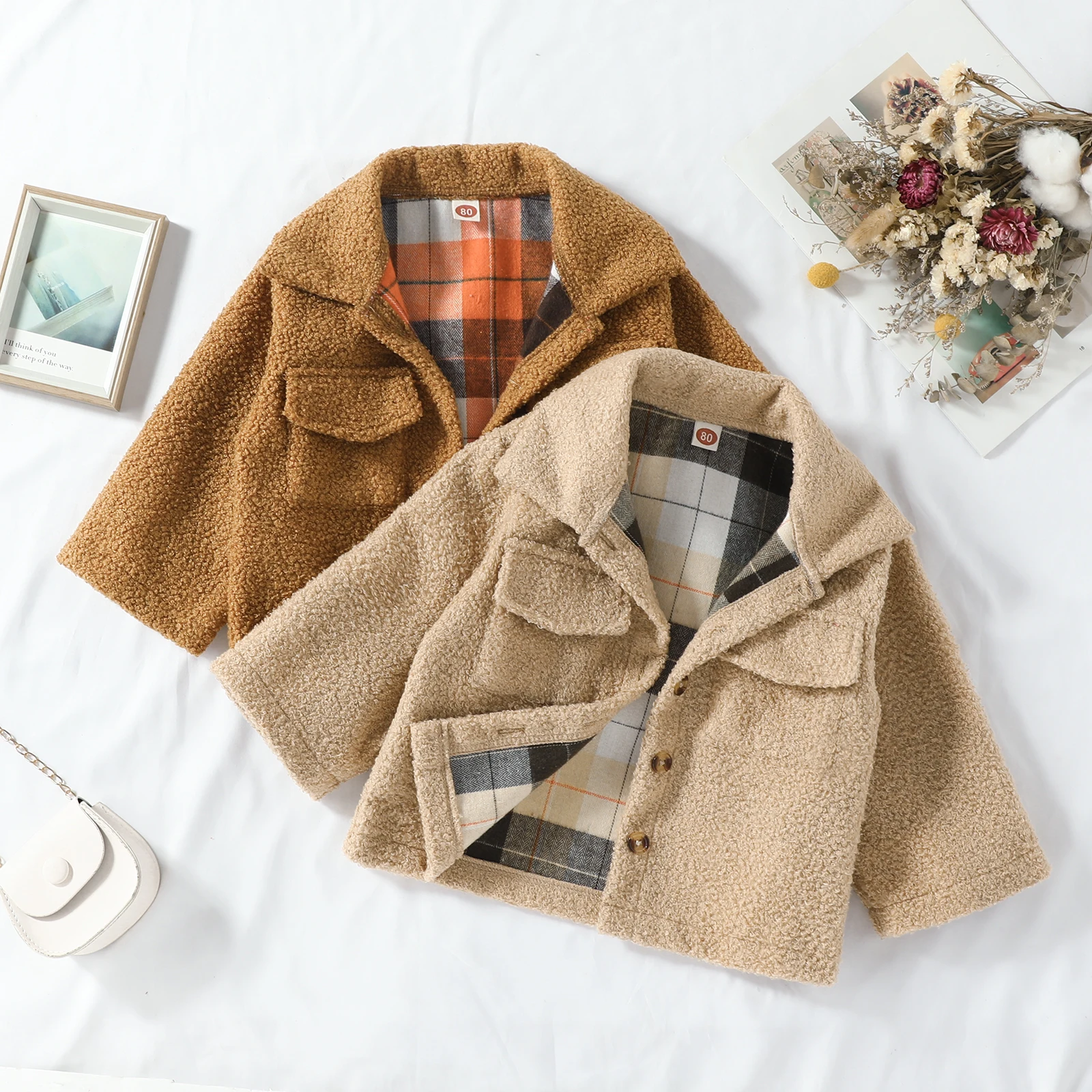 FOCUSNORM 0-5Y Winter Infant Kids Boys Wools Jacket Lapel Long Sleeve Fur Plaid Long Sleeve Single Breasted Double-sided Coat