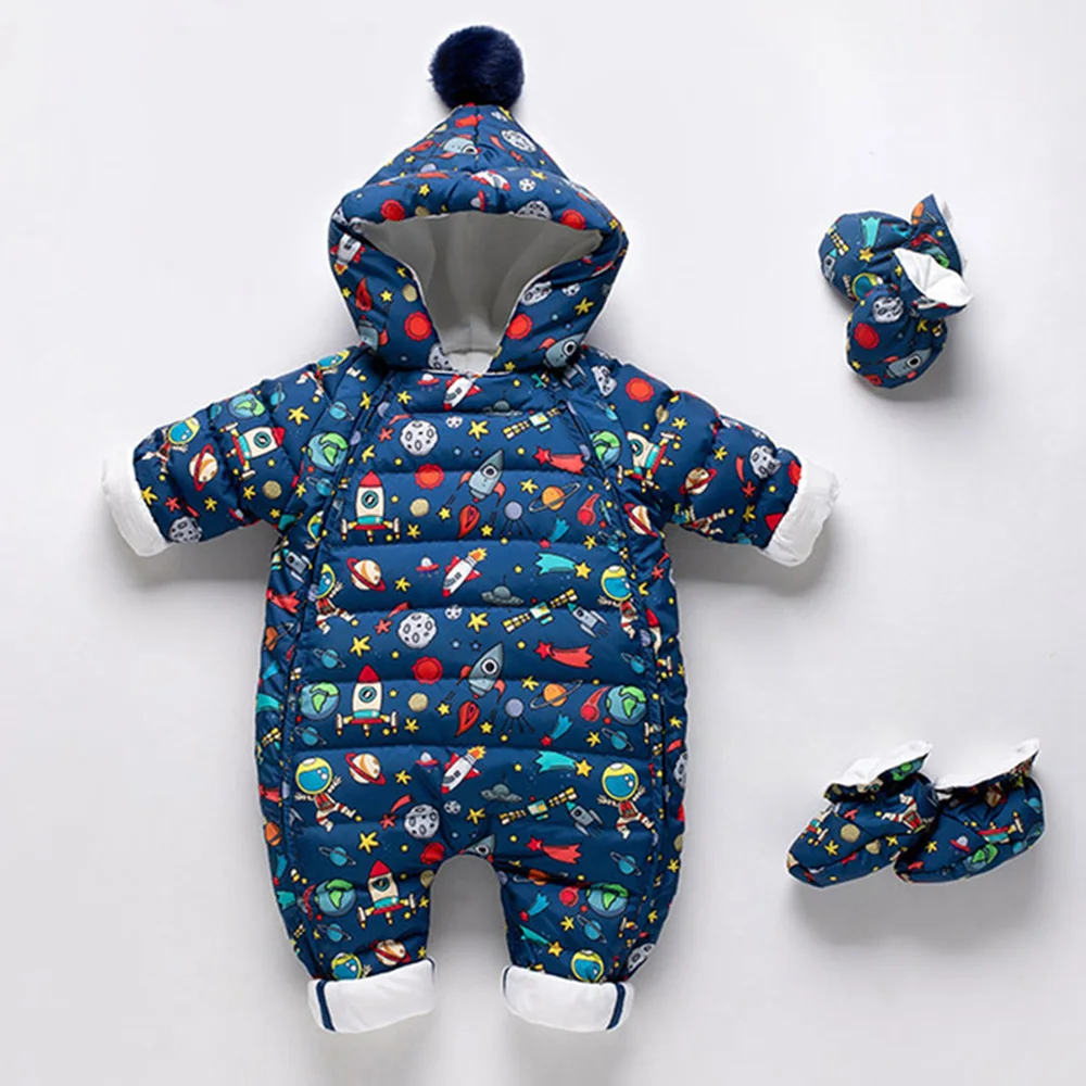 Winter baby down jacket jumpsuit newborn boys thickening outdoor hug kid clothes girls plush printed rompers hooded footies Baby Jumpsuit