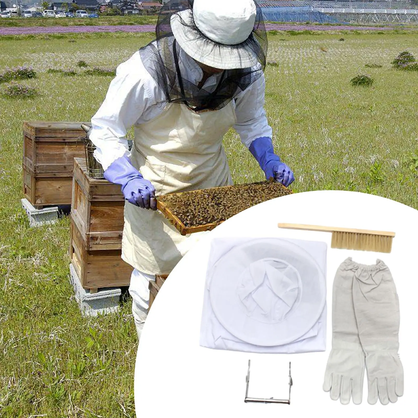 Beekeeping Suit Set Elastic Cuffs Beekeeping Jacket with Gloves Beehive Brush Frame Lifter Comfortable for Beekeepers Women Men