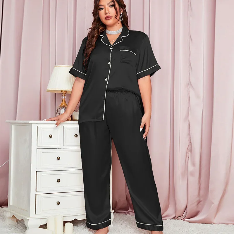 Women Fallow Pajamas 2-set Extra Large V-neck Silk Set Loose Trousers Loungewear Fashion Thin Polyester Sleepwear