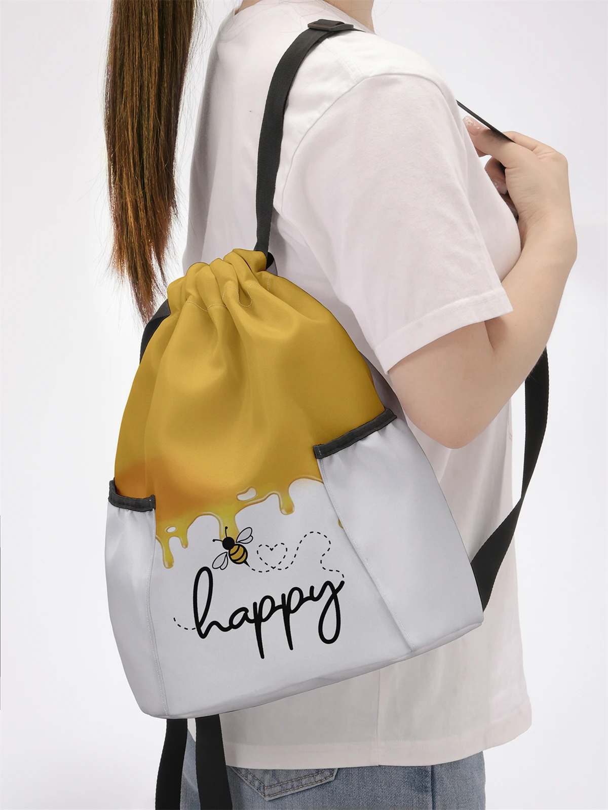 Bee Pattern Drawstring Backpack - Large Capacity Durable Fitness Bag, Adjustable Shoulder Straps, Sports Beach Backpack