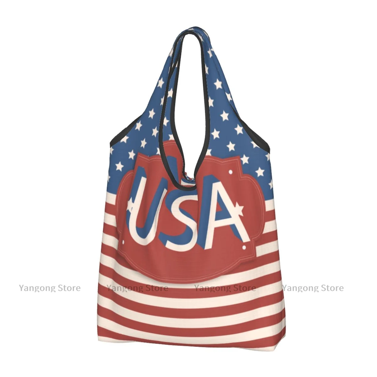 

Shopping Bag USA Flag Vintage Label Eco-friendly Folding Reusable Portable Shoulder Handbag for Travel Grocery Bag