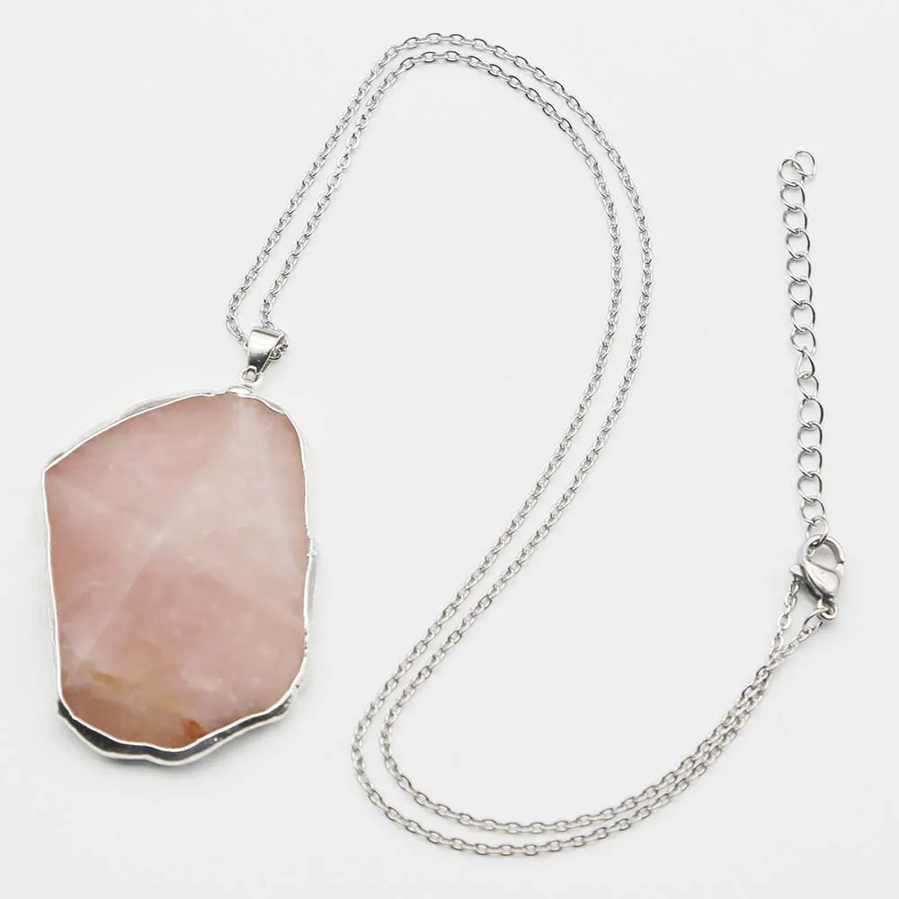 Natural Stone Amethyst Irregular Silver Edge Pendant Stainless Steel Chain Necklace Charm DIY Jewelry Accessories Wholesale 6Pcs