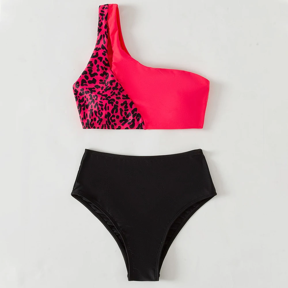 Colorblock Leopard Women Bikini Swimsuit One Shoulder High Waisted  Fashion Lady Beachwear 2022 New Beach Bathing Suits