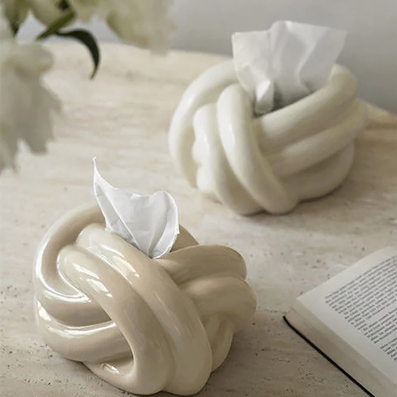 Household Tissue Box Ceramic Fun Knot European Modern Abstract Coffee Table Desktop Cream Color Nordic Decorative Tissue Case 6