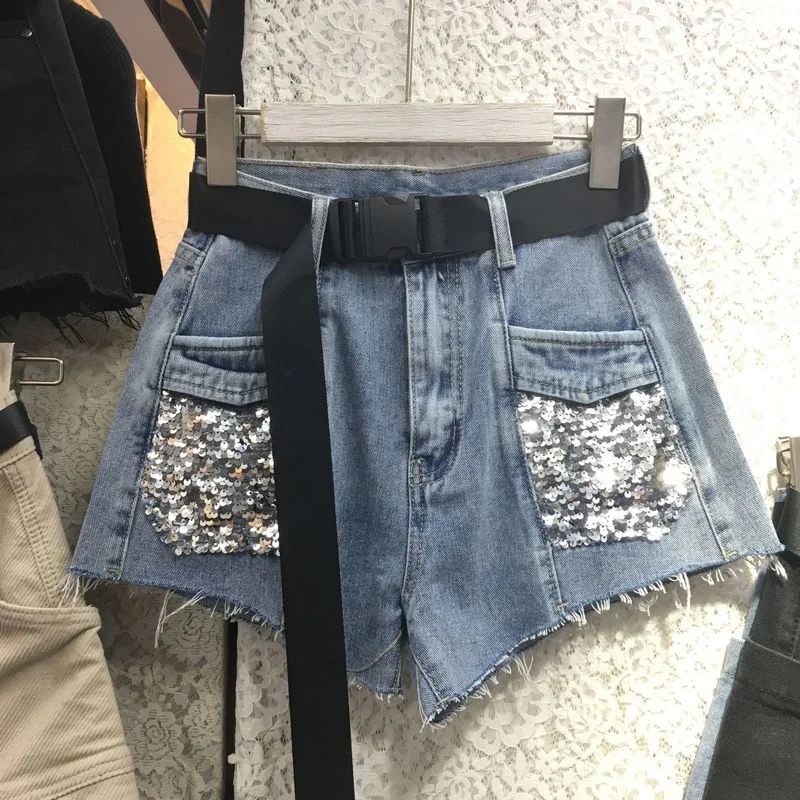 Sequins Denim Shorts Women High Waist Zipper Pockets Straight Jeans Women Short Fashion Streetwear Harajuku Sexy Shorts Female