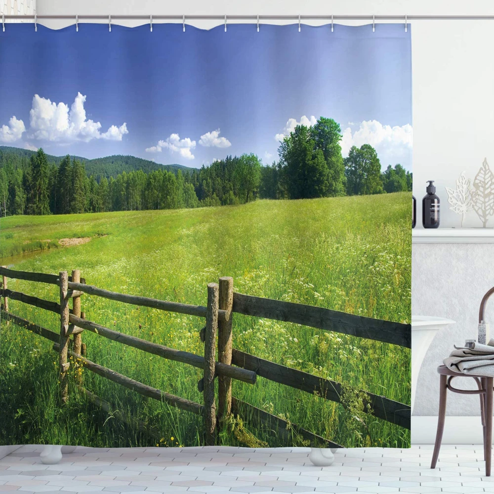 

Idyllic Nature Scenery Shower Curtain Grassland Meadow Wooden Fences Surrounded Print Bathroom Bath Curtains Decor with Hooks