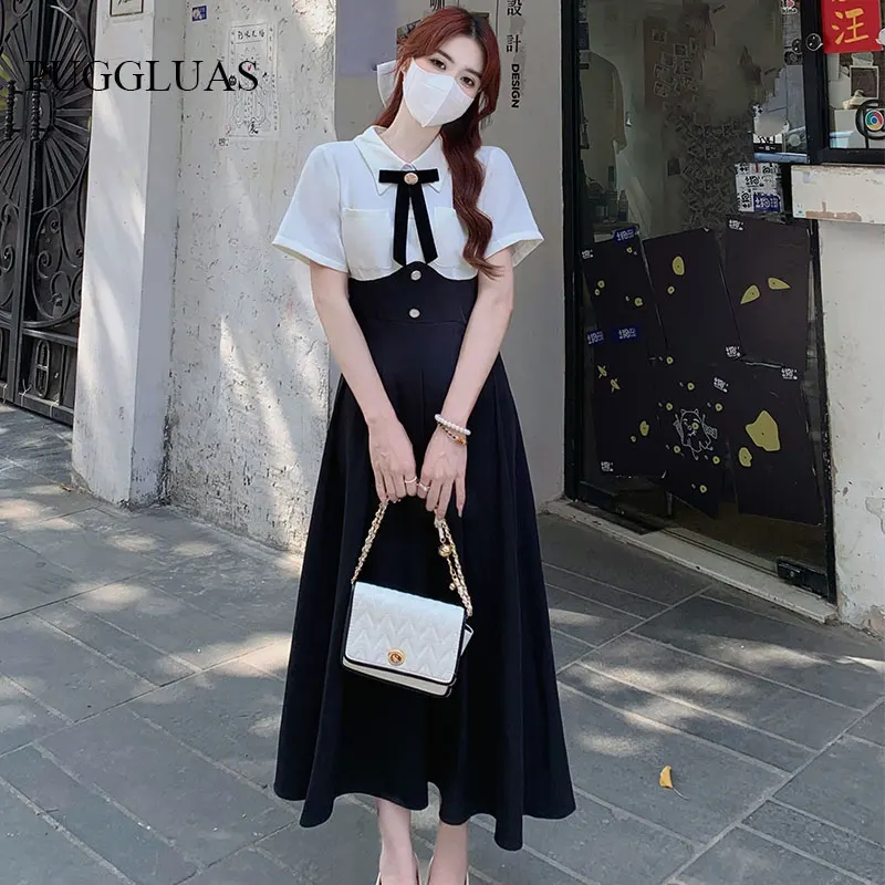 

Korea Elegant Bow Dress Women Fashion Patchwork Turn Down Collar Midi Dresses Sweet A Line Mini Dress Sundress Vestido Plus Size