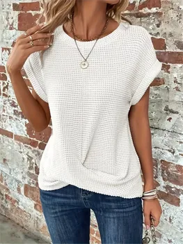 2024 New cross-border solid color round-collar T-shirt elegant short-sleeved twisted top spring and summer women's wear 1