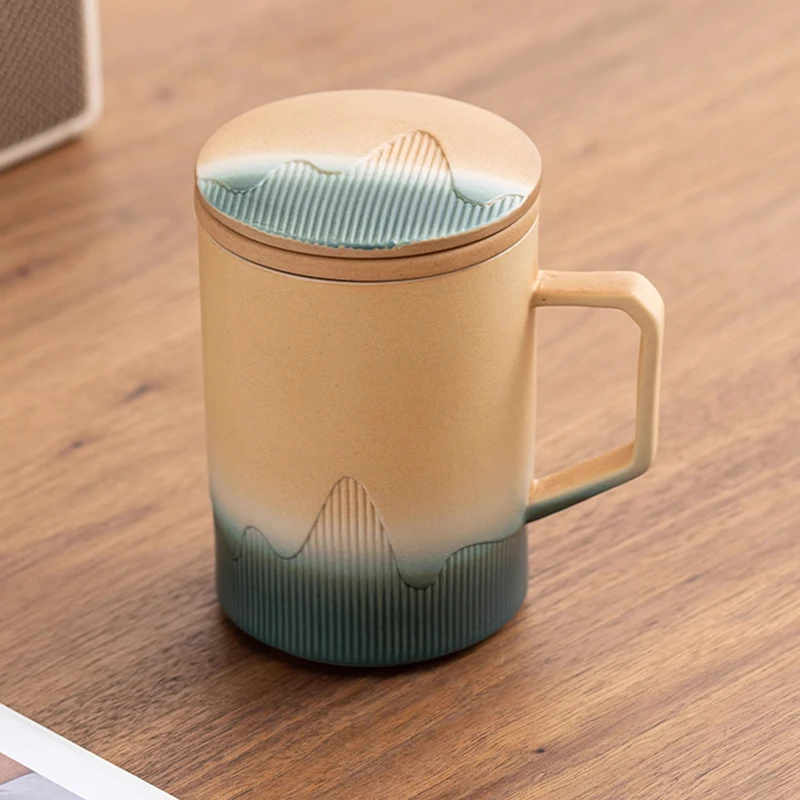 Creative Ceramic Gradient Color Tea Cup, with Cover, Chinese Style Office Supplies, Handle, Tea Water Filter Separation Mug, 1Pc