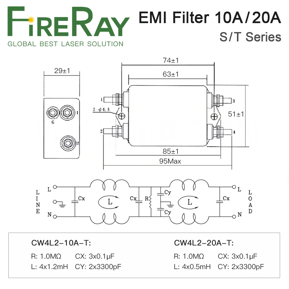 FireRay 전원 EMI 필터 CW4L2-10A-T, S CW4L2-20A-T, S 단상 AC 115V, 250V, 20A, 50Hz, 60Hz
