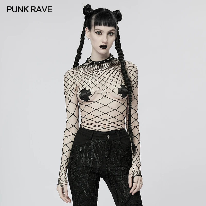 

PUNK RAVE Women's Punk One-piece Mesh T-shirt Gothic Simple Style Black Sexy Tops Spring & Summer Women Clothing