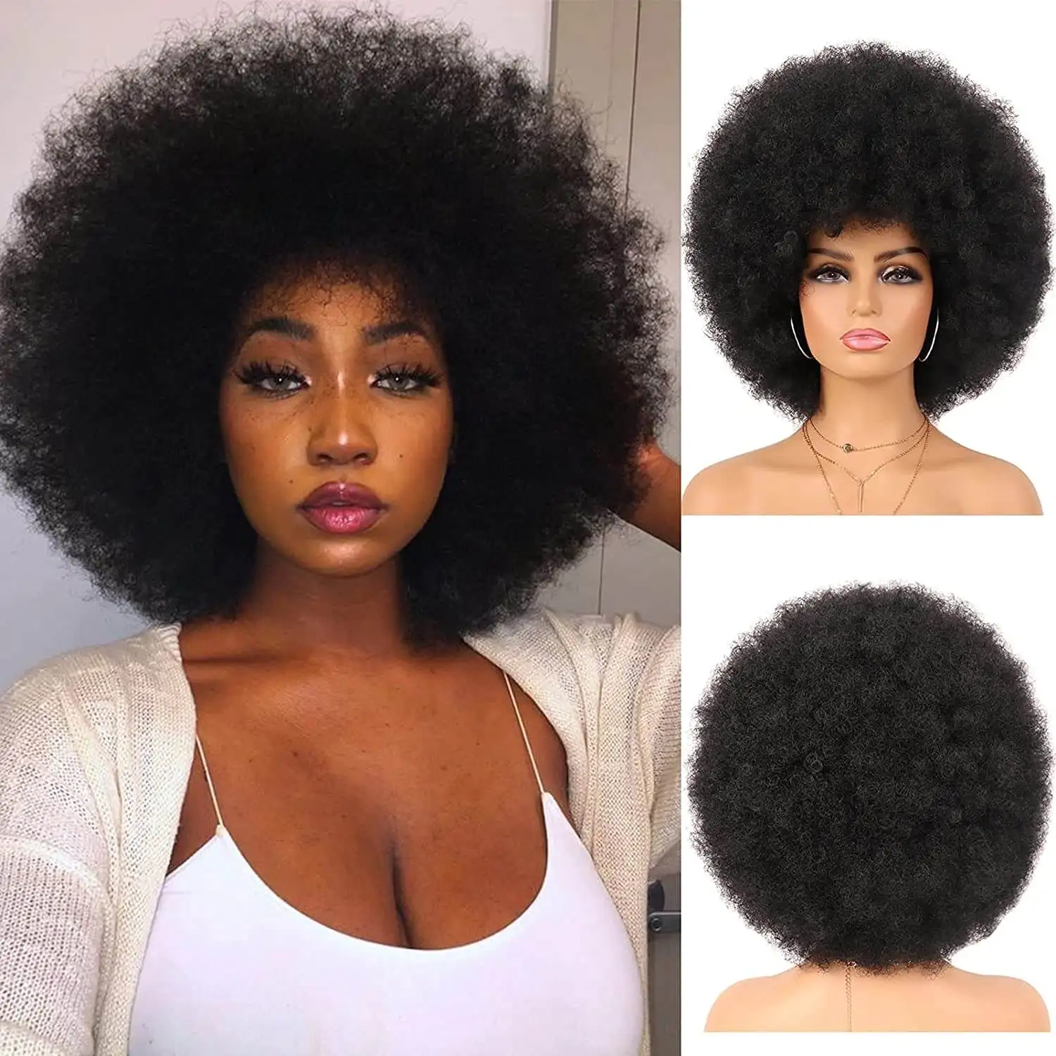 Synthetic Afro Kinky Curly Wig Bangs 70s Afro Wigs Heat Resistant Bouncy Costume Cosplay Party Wig Synthetic Wig