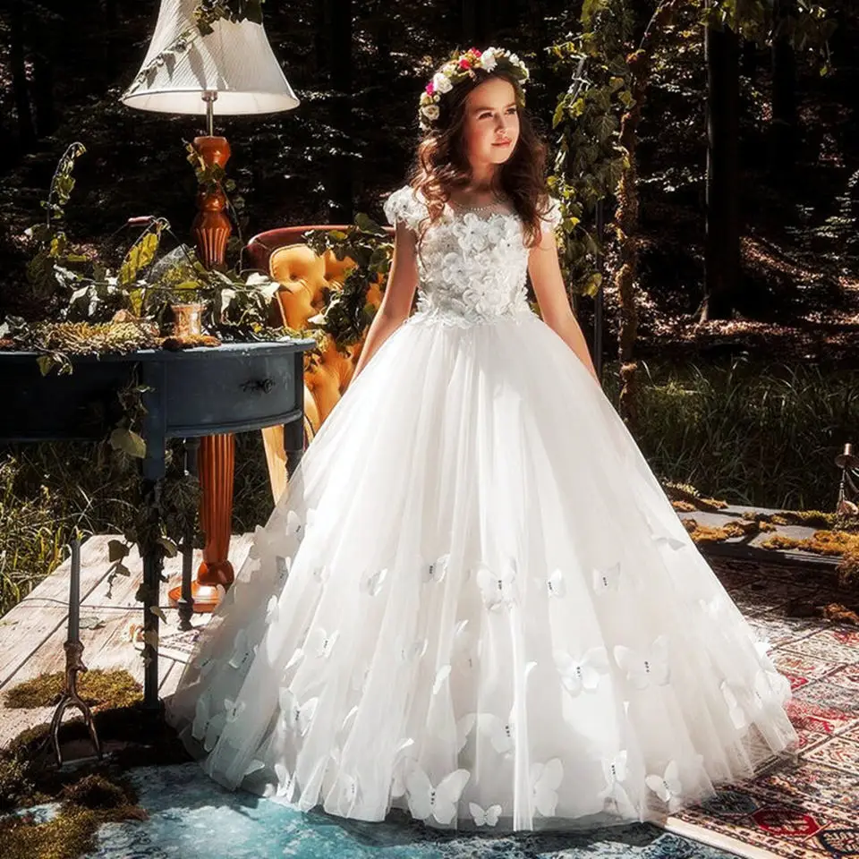 Flower Girl Dresses Butterfly Applique Flower Girl Dresses Birthday Party Pageant First Communion Kids Prom