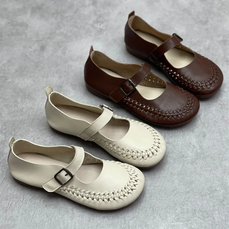 

2023 Spring and Summer New Hand-woven Leather Women's Shoes Cowhide Soft Bottoming Round Head Casual Single Shoes
