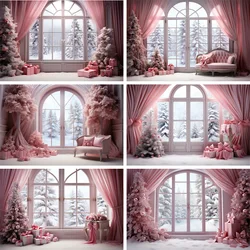 Christmas Photography Background Pink Window Outside Snowy Landscape Xmas Tree Decor Backdrops Kids Portrait Photo Studio Props