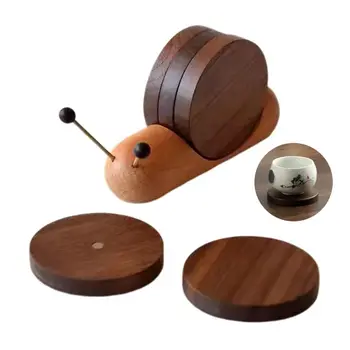 Cute Snail Wooden Drink Coaster Set – Magnetic Heat-Resistant Walnut Cup Mats for Tea, Coffee & Living Room Decor 1