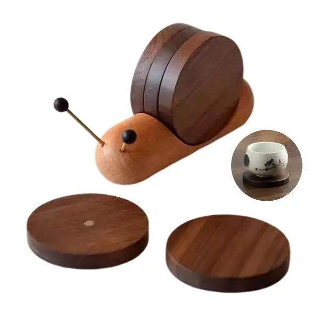 Cute Snail Wooden Drink Coaster Set – Magnetic Heat-Resistant Walnut Cup Mats for Tea, Coffee & Living Room Decor 1