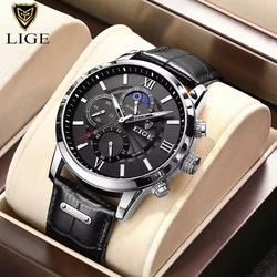 Luxury 2025 Men's Waterproof Leather Quartz Watch - LIGE Collection (Black)