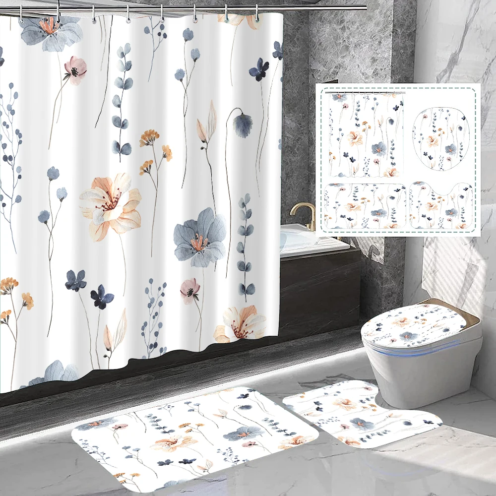 

Flowers Waterproof Shower Curtain Bathroom Floor Mat Plant Hanging Upside Down Leaves Decorative with Plastic Hook