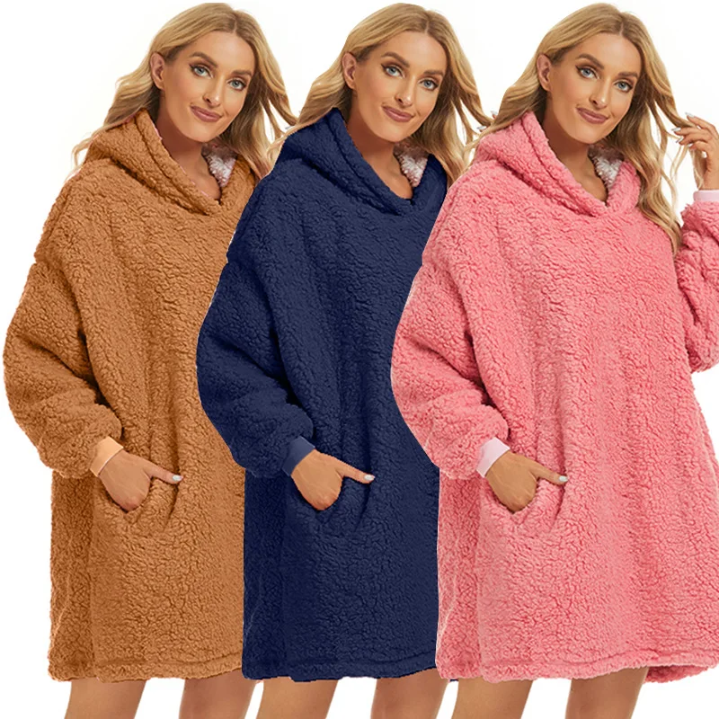 

Персиковое розовое темно-синее Простое Повседневное теплое ленивое одеяло 2023 зимнее толстое худи из овечьей шерсти с капюшоном и длинным рукавом халат женский экзотический