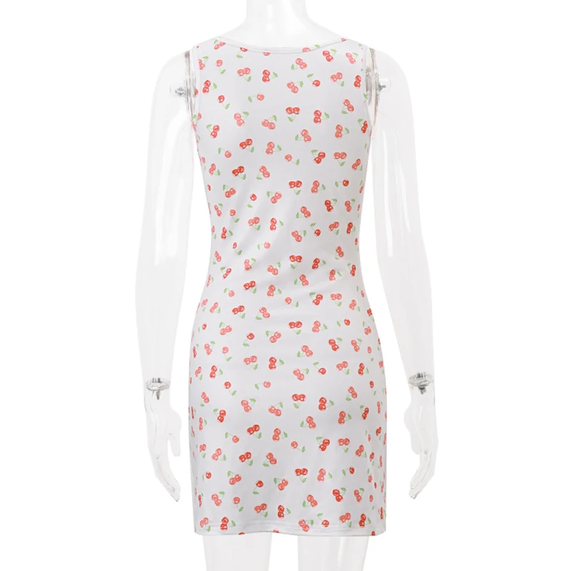 Summer Mini Dress Women Aesthetic Clothes Cherry Print V Neck Sleeveless A Line Short Dress y2k Club Party Dresses