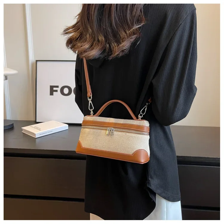 retro canvas handbag for women,women’s summer crossbody bag,contrast color casual handbag,small square canvas shoulder bag,casual women’s sling bag,retro fashion canvas purse,lightweight canvas handbag