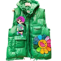Cartoon down vest green women's thickened cotton-padded jacket