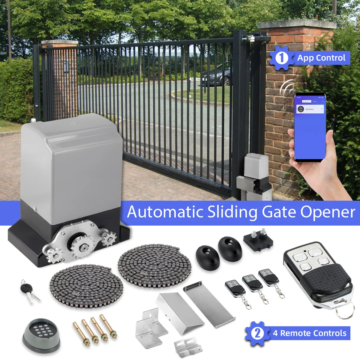 1500Kg 550W Automatic Electric Sliding Gate Opener Door Opener Kit AC Motor Gate Door Operators Kit With 4 Remote + APP Control