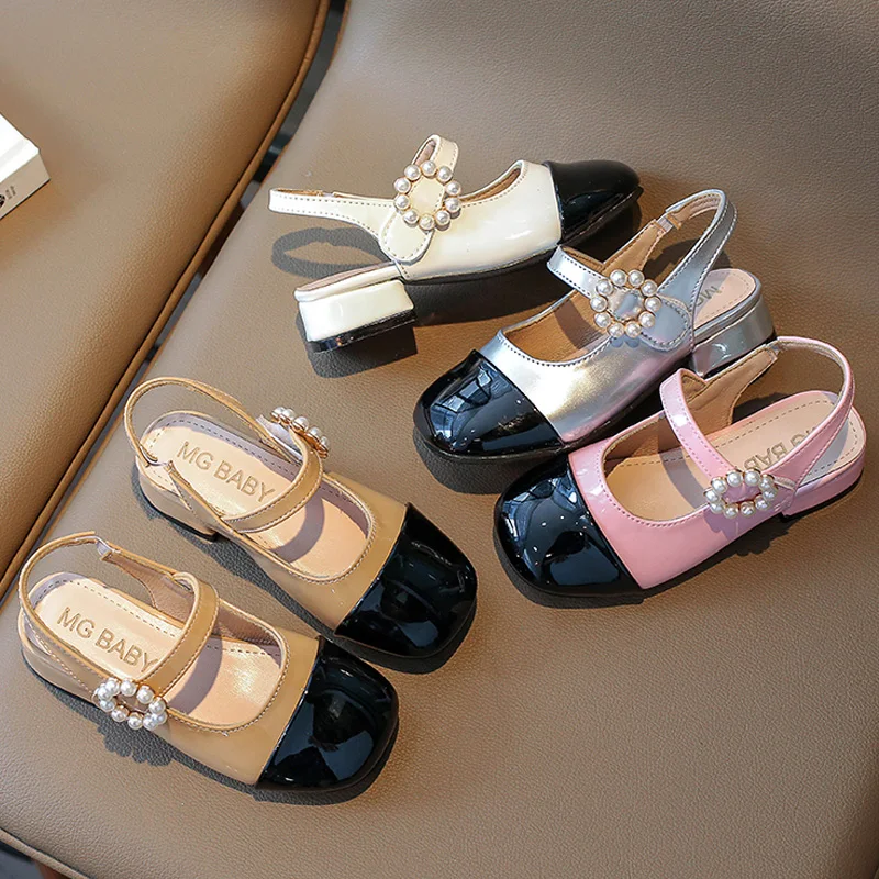 Patent Leatherette Heeled Slingback Sandals for Girl Elegant Wedding Party Shoes Kids Luxury Pearl Buckle Brand Design Sandalias 6