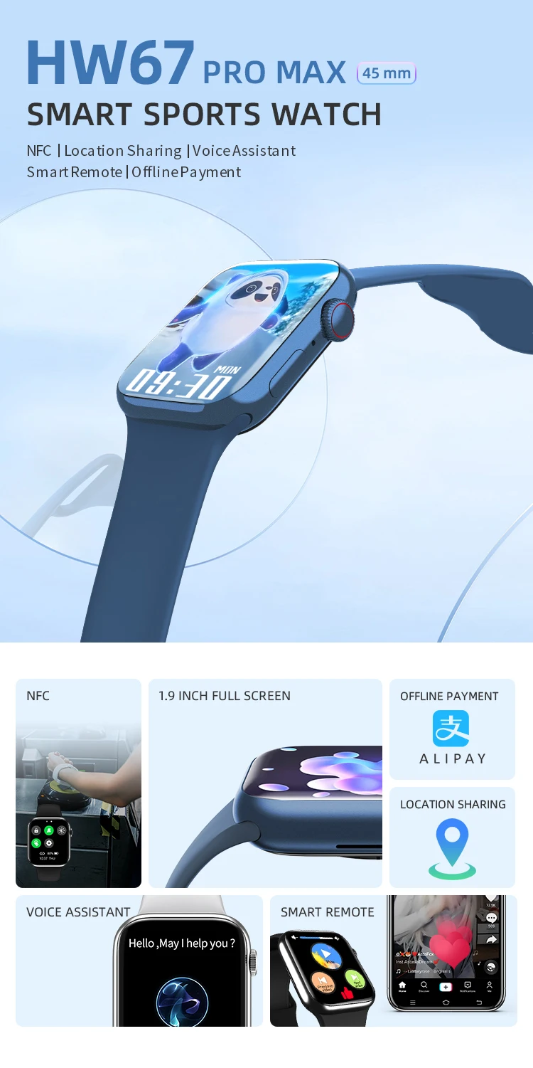 Smart Watch HW67 Pro max NFC Smartwatch Blood Glucose Music Player Sleep Monitor Women Men Watches Series7 pk DT100 IWO13