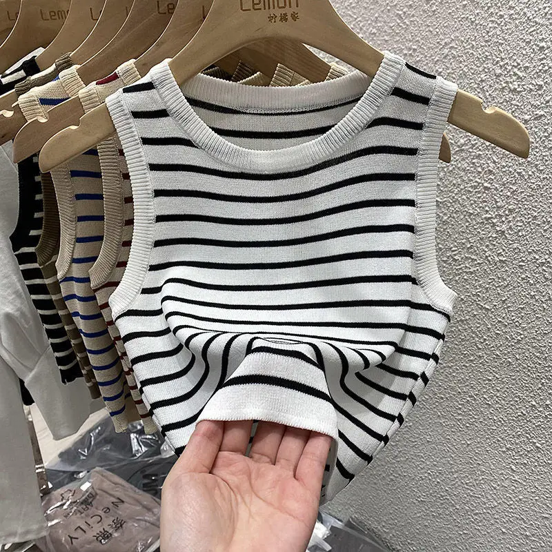 

2024 Women Summer Fashion Striped Knitted Tank Top Female Sleeveless Cropped Bottoming Tops Ladies O-neck Slim Short Vest H13
