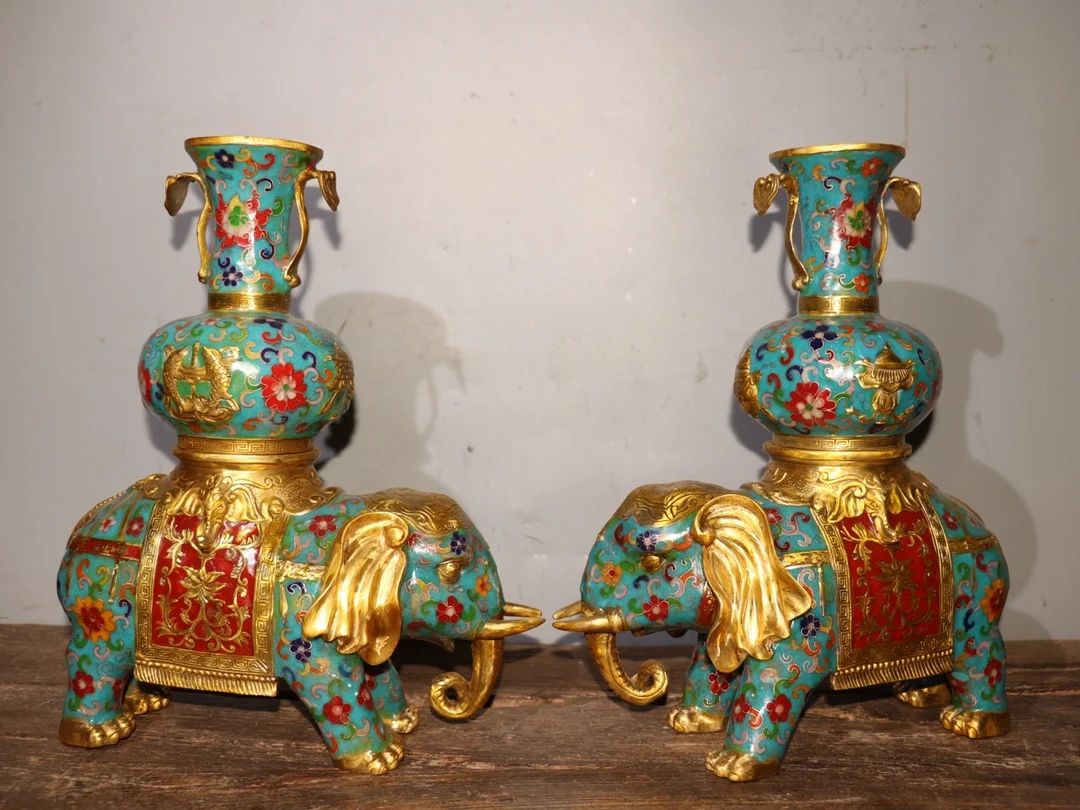 

14"Tibet Temple Collection Old Bronze Cloisonne Enamel Elephant Ruyi ear Vase peace Incense burner A pair Ornaments Town house