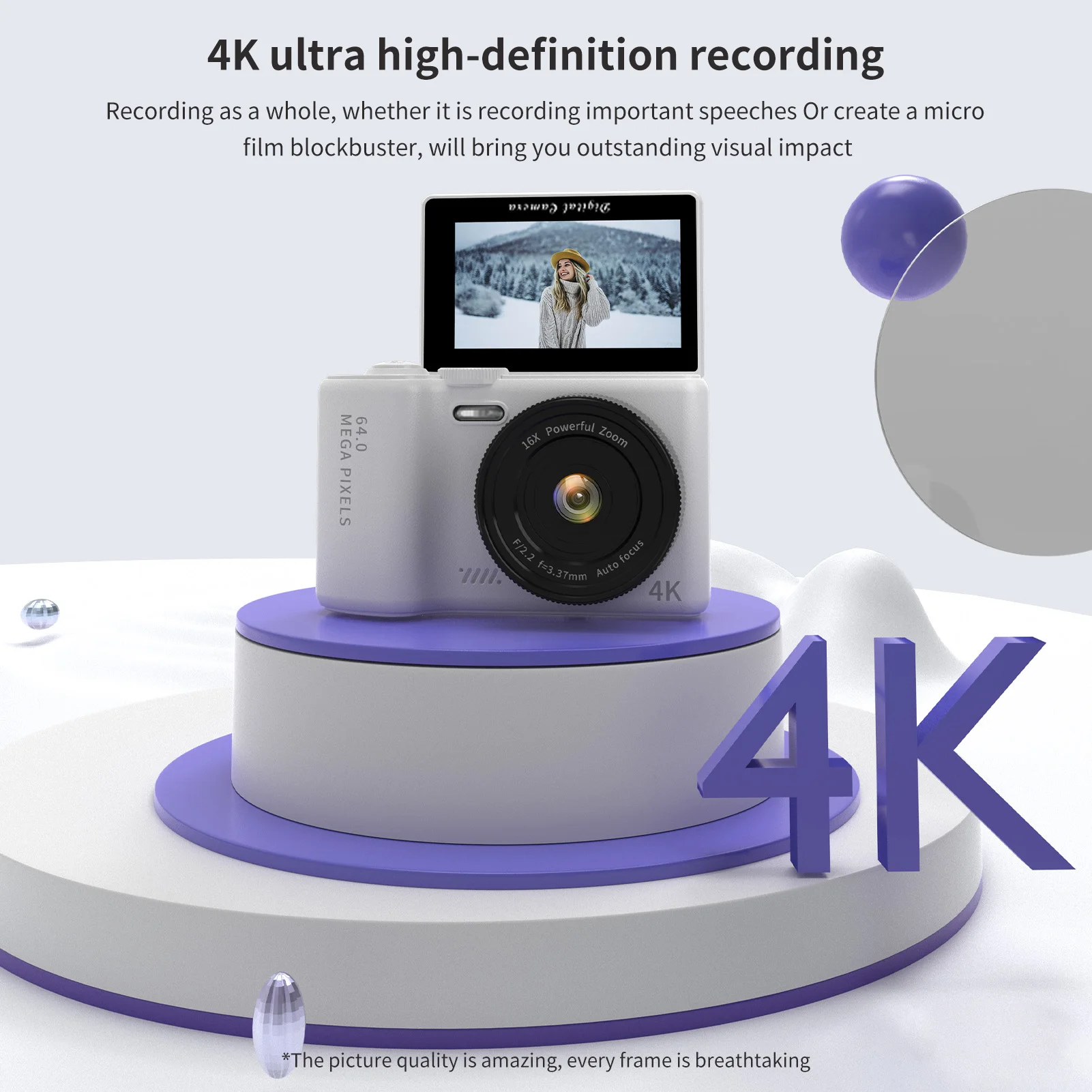 어린이 및 청소년용 4K 디지털 카메라 WiFi 디지털 비디오 카메라 64MP 3인치 플립 스크린 16배 디지털 줌 내장형 LED 조명