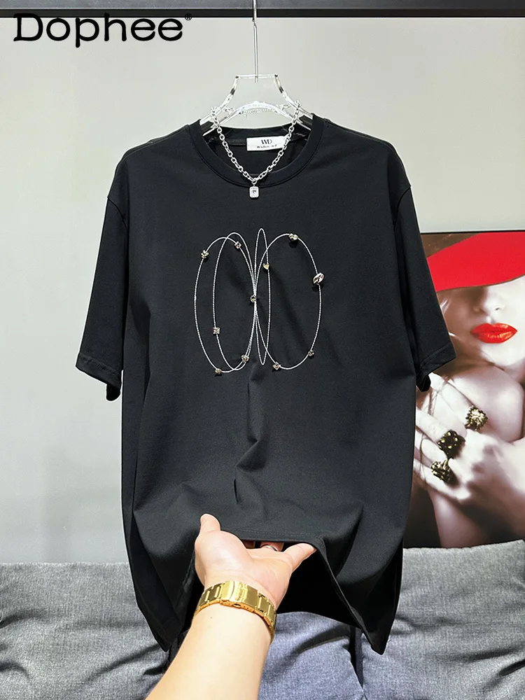 

2024 Summer Fashion High Street Short Sleeve Trendy Rivet Decorative Design Solid Color Popular Casual All-Match Men's T-shirt