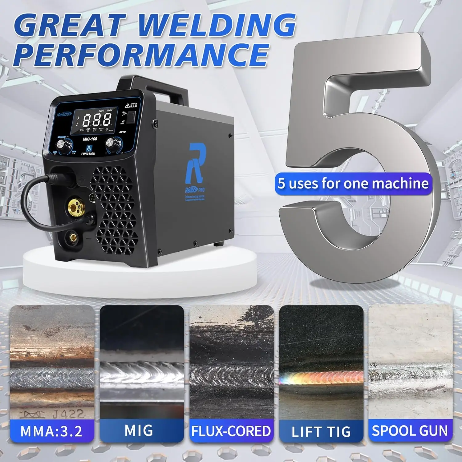 Dual Voltage 160Amp Powerful MIG Welder,Gas MIG/Gasless Flux Core MIG/Stick/Lift TIG/Spool Gun 5 in 1 Multiprocess Welding Machi