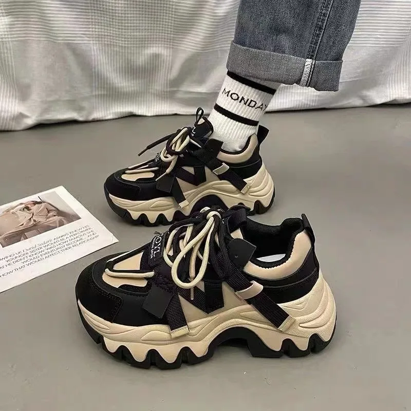 Black Brown Chunky Sneakers Women Spring Autumn Thick Bottom Dad Shoes Woman Fashion PU Leather Platform Sneakers Ladies D268 5