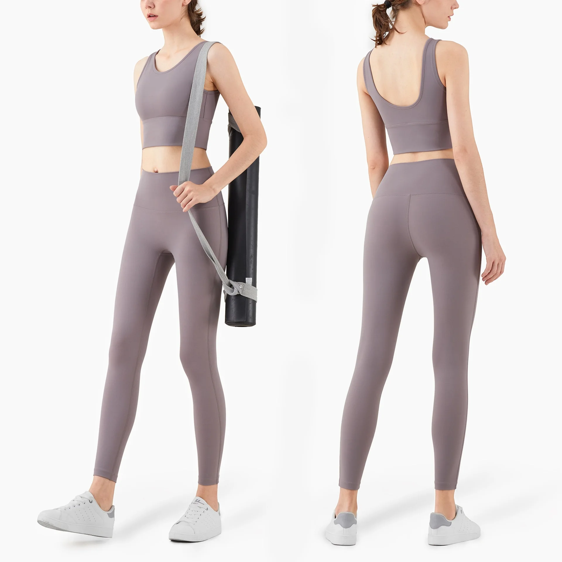 

Solid Color Gym Fitness Set Tight Full Package Sports Bra +compression High Waist Yoga Leggings 2pcs Comprehensive Training Jog