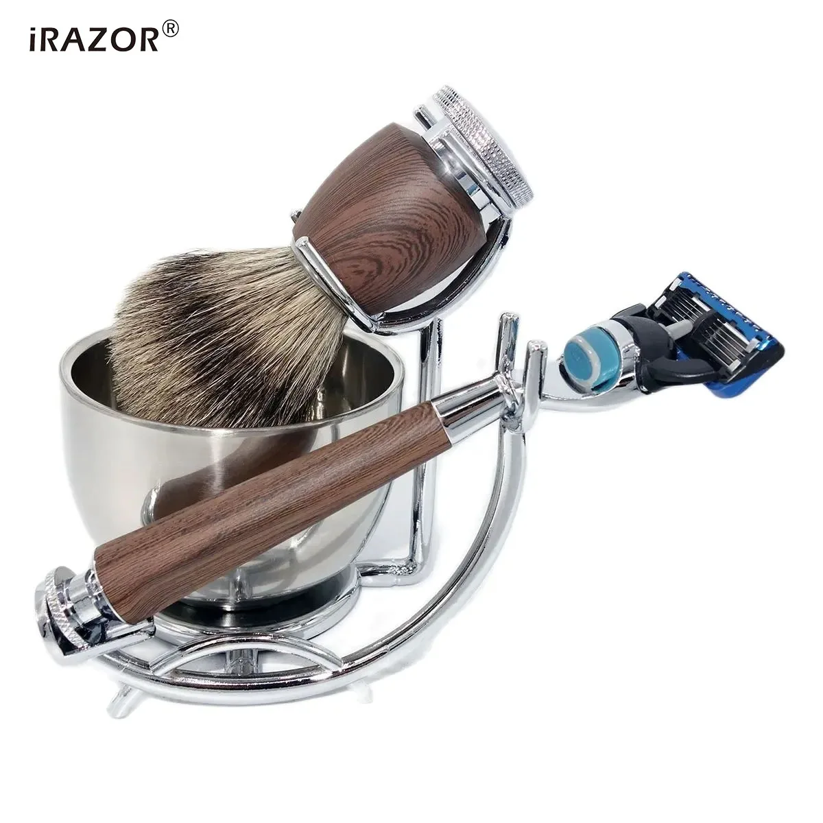 IRAZOR 전문가용 퓨전 5 면도 키트, 천연 오소리 브러시, 로즈우드 그레인, 방수 면도기, 남편 이발 도구