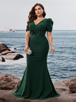 فستان سهرة فاخر بأكمام قصيرة مقاس كبير لعام 2024، فستان كوكتيل أنيق طويل أخضر لحفلات الزفاف والحفلات الراقصة 4