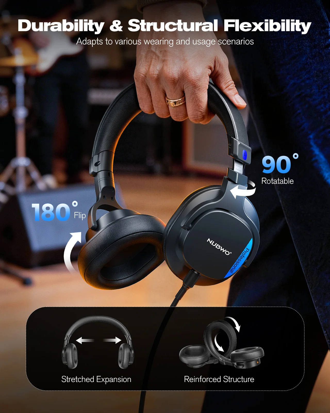 Cuffie professionali NUBWO HD01 per monitoraggio da studio, auricolari chiusi over-ear per mixaggio audio, registrazione e ascolto critico - immagine 4