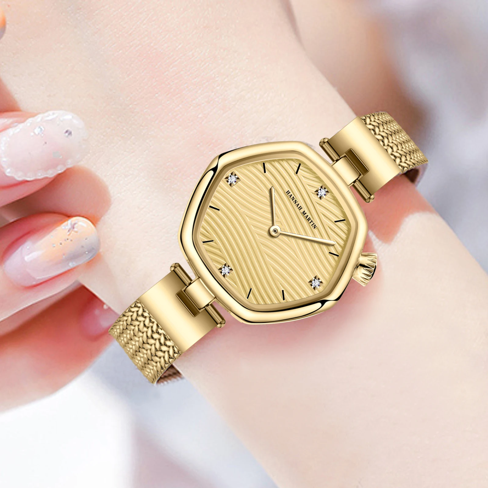 Hannah Martin Top Brand Women Stainless Steel Mesh With White Rose Gold Clock Original Japanese Quartz Movement Luxury Watches 4