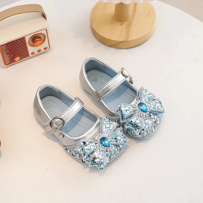 Leather Kids Shoes with Sequins and Bows for Girls